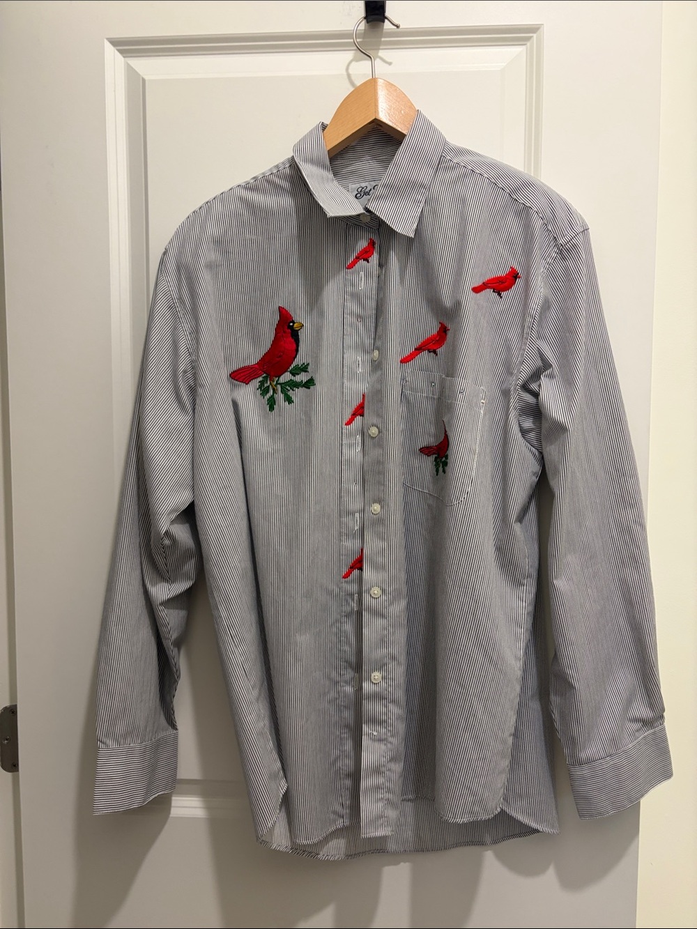 Men's Long-Sleeve Pinstripe Button-Down Shirt with Red Cardinal Embroidery